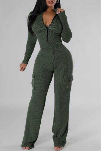 Green Casual Zipper Collar Long Sleeve Crop Tops And Cargo Pants Two Pieces Trouser Sets