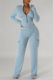 Pink Casual Zipper Collar Long Sleeve Crop Tops And Cargo Pants Two Pieces Trouser Sets