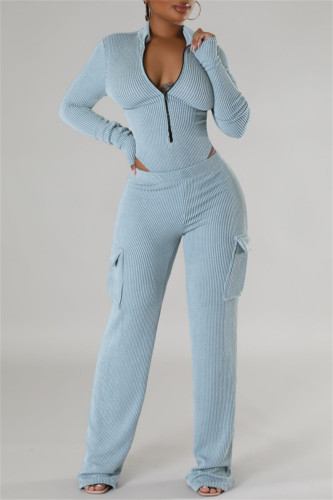 Light Blue Casual Zipper Collar Long Sleeve Crop Tops And Cargo Pants Two Pieces Trouser Sets
