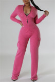 Pink Casual Zipper Collar Long Sleeve Crop Tops And Cargo Pants Two Pieces Trouser Sets