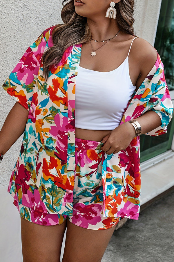 Pink Casual Floral Print Cardigan Collar Shorts Sleeve Pocket Blouse And Shorts Plus Size Vacation Two Pieces Shorts Set