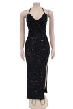 Black Sequins Sleeveless Backless Slit Spaghetti Strap Long Formal Evening Party Bodycon Maxi Dresses
