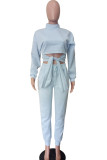 Light Blue Casual Turtleneck Long Sleeve Strap Design Front Tie Crop Tops And Sweatpants Sportwear Two Pieces Jogger Set