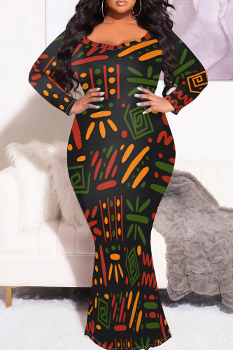 Black Graphic Print O Neck Long Sleeve Floor Length Casual Outing Plus Size Bodycon Maxi Dress