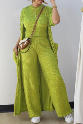 Green Casual Solid Color Pocket Patchwork O Neck Long Sleeve Two Pieces