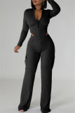 Pink Casual Zipper Collar Long Sleeve Crop Tops And Cargo Pants Two Pieces Trouser Sets