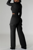 Pink Casual Zipper Collar Long Sleeve Crop Tops And Cargo Pants Two Pieces Trouser Sets