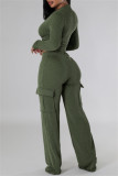 Pink Casual Zipper Collar Long Sleeve Crop Tops And Cargo Pants Two Pieces Trouser Sets