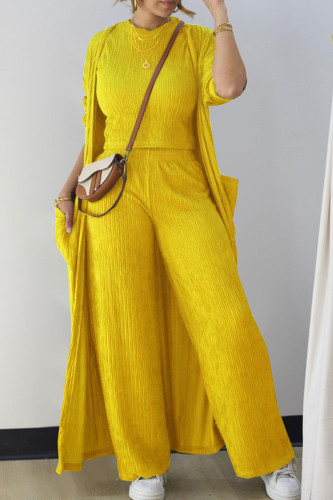 Yellow Casual Solid Color Pocket Patchwork O Neck Long Sleeve Two Pieces