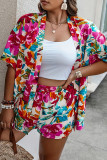 Pink Casual Floral Print Cardigan Collar Shorts Sleeve Pocket Blouse And Shorts Plus Size Vacation Two Pieces Shorts Set