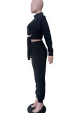 Light Blue Casual Turtleneck Long Sleeve Strap Design Front Tie Crop Tops And Sweatpants Sportwear Two Pieces Jogger Set