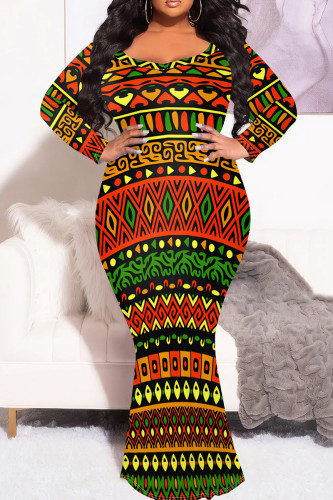 Red Green Black Graphic Print O Neck Long Sleeve Floor Length Casual Outing Plus Size Bodycon Maxi Dress