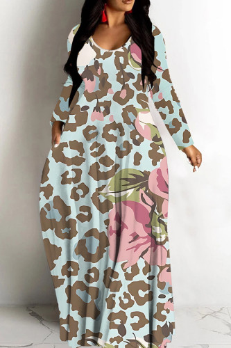 Baby Blue Leopard Print Long Sleeve Floor Length Loose Vacation Baggy Maxi Dress