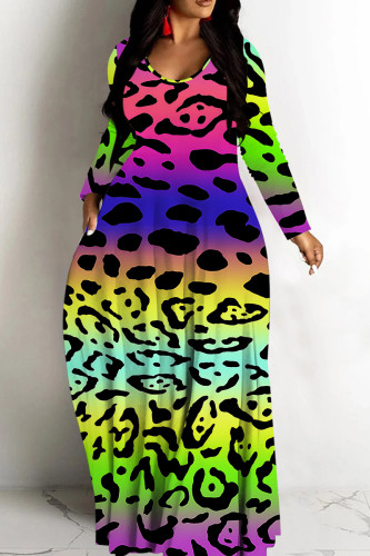 Colour Leopard Print Long Sleeve Floor Length Loose Vacation Baggy Maxi Dress