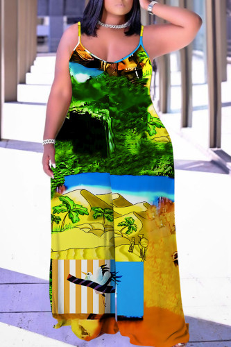 Yellow Blue Green Vacation Casual Print Backless Spaghetti Strap Wide Leg Plus Size Cami Jumpsuits (With Headscarf)
