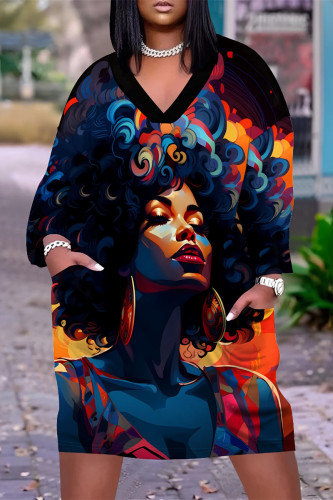 Black Casual Street Figure Print V Neck Long Sleeve Casual Outing Plus Size Straight Loose Midi Dress