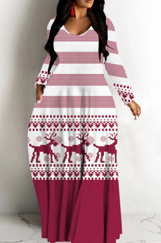 Fuchsia Leopard Print Long Sleeve Floor Length Loose Vacation Baggy Maxi Dress