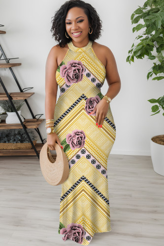 Light Yellow Casual Sleeveless Graphics Print O Neck Hollow Out Long Vacation Bodycon Maxi Dresses