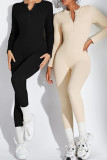 Apricot Casual Buckle O Neck Long Sleeve Skinny Jumpsuits Sportwear One Piece Bodysuit
