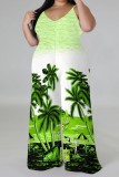 Green Vacation Casual Print Backless Spaghetti Strap Wide Leg Plus Size Cami Jumpsuits (With Headscarf)