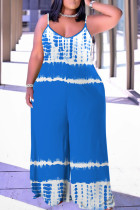 Blue Green Vacation Casual Print Backless Spaghetti Strap Wide Leg Plus Size Cami Jumpsuits (With Headscarf)