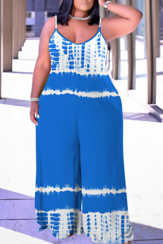 Blue Green Vacation Casual Print Backless Spaghetti Strap Wide Leg Plus Size Cami Jumpsuits (With Headscarf)
