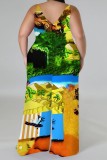 Green Vacation Casual Print Backless Spaghetti Strap Wide Leg Plus Size Cami Jumpsuits (With Headscarf)