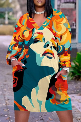 Orange Yellow Casual Street Figure Print V Neck Long Sleeve Casual Outing Plus Size Straight Loose Midi Dress
