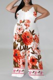 Green Vacation Casual Print Backless Spaghetti Strap Wide Leg Plus Size Cami Jumpsuits (With Headscarf)
