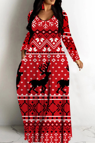 Red Leopard Print Long Sleeve Floor Length Loose Vacation Baggy Maxi Dress