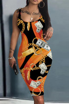 Black Orange Casual Graphics Print Sleeveless Square Neck Vacation Bodycon Midi Tank Dress