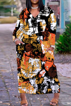 Orange Yellow Casual Graphics Print V Neck Long Sleeve Pokcets Vacation Loose Straight Fall Winter Maxi Dress