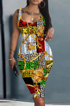 Gold Casual Graphics Print Sleeveless Square Neck Vacation Bodycon Midi Tank Dress