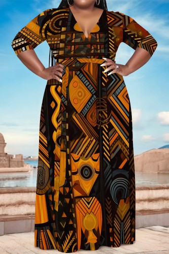 Brown Boho Graphics Print V Neck Three Quarter Floor Length High Waist Lace Up Casual Outing Loose Maxi Dress