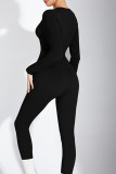 Apricot Casual Buckle O Neck Long Sleeve Skinny Jumpsuits Sportwear One Piece Bodysuit