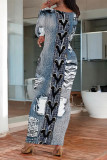 Baby Blue Casual Street Faux Denim Print O Neck Long Sleeve One Step Skirt Bodycon Maxi Dresses