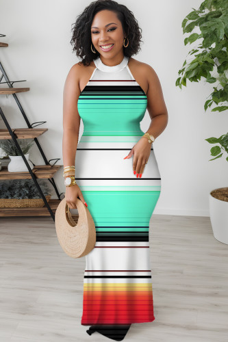 White Green Casual Sleeveless Graphics Print O Neck Hollow Out Long Vacation Bodycon Maxi Dresses