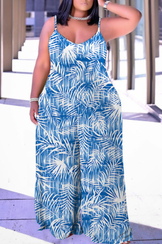 Baby Blue Green Vacation Casual Print Backless Spaghetti Strap Wide Leg Plus Size Cami Jumpsuits (With Headscarf)