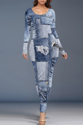 Baby Blue Casual Street Faux Denim Print O Neck Long Sleeve One Step Skirt Bodycon Maxi Dresses