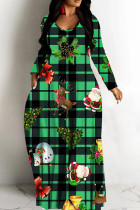 Green Leopard Print Long Sleeve Floor Length Loose Vacation Baggy Maxi Dress