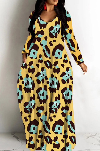 Yellow Leopard Print Long Sleeve Floor Length Loose Vacation Baggy Maxi Dress