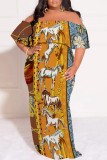 Matcha Green Casual Graphic Print Off Shoulder Half Sleeve Floor Length Casual Outing Plus Size Vacation Loose Fit Maxi Dress