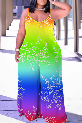 Gradient Color Green Vacation Casual Print Backless Spaghetti Strap Wide Leg Plus Size Cami Jumpsuits (With Headscarf)