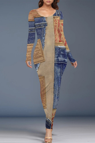 Blue Coffee Casual Street Faux Denim Print O Neck Long Sleeve One Step Skirt Bodycon Maxi Dresses