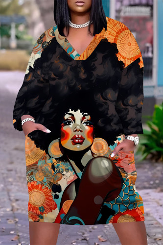 Orange Casual Street Figure Print V Neck Long Sleeve Casual Outing Plus Size Straight Loose Midi Dress