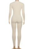 Apricot Casual Buckle O Neck Long Sleeve Skinny Jumpsuits Sportwear One Piece Bodysuit