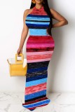 Purple Casual Sleeveless Graphics Print O Neck Hollow Out Long Vacation Bodycon Maxi Dresses