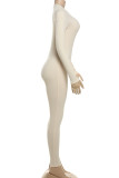 Apricot Casual Buckle O Neck Long Sleeve Skinny Jumpsuits Sportwear One Piece Bodysuit