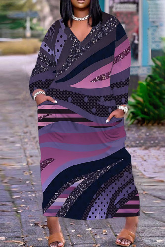 Dark Purple Casual Graphics Print V Neck Long Sleeve Pokcets Vacation Loose Straight Fall Winter Maxi Dress
