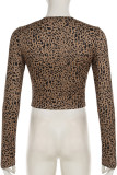 Brown Leopard Print Buckle Button Collar Long Sleeve Night Club Crop Tops
